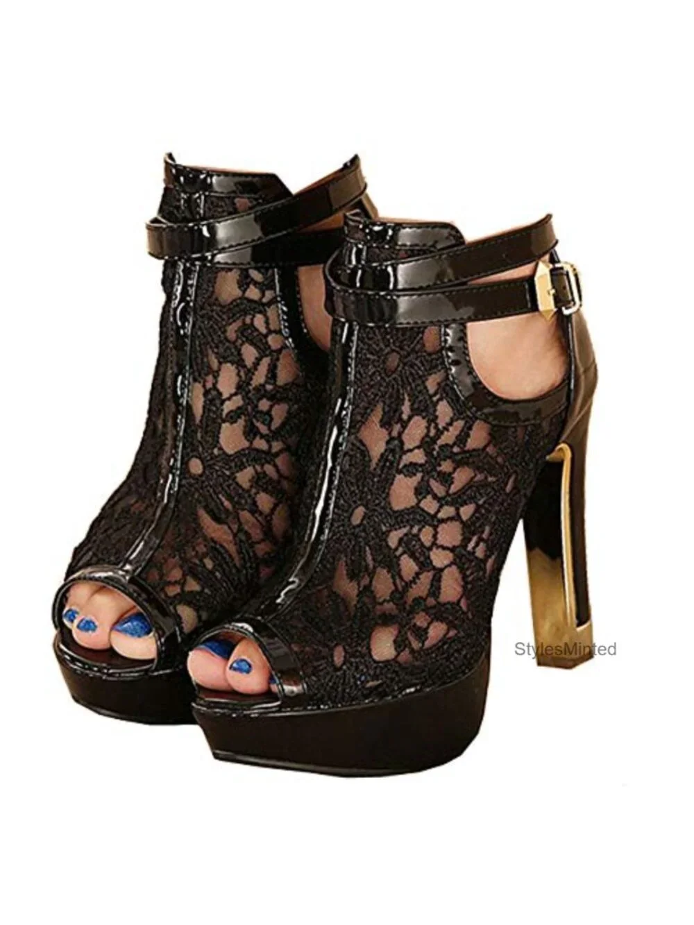 Women's Lace Flowers Open Toes High Heels Ankle Boots Block Heel